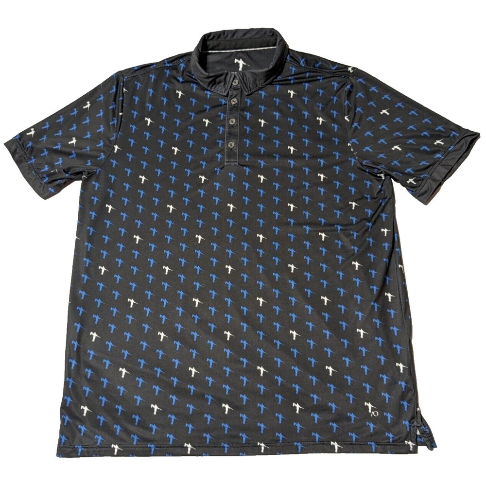 ANDERSON ORD Men Size XL Black Blue & White Allover Logo Print Golf Polo